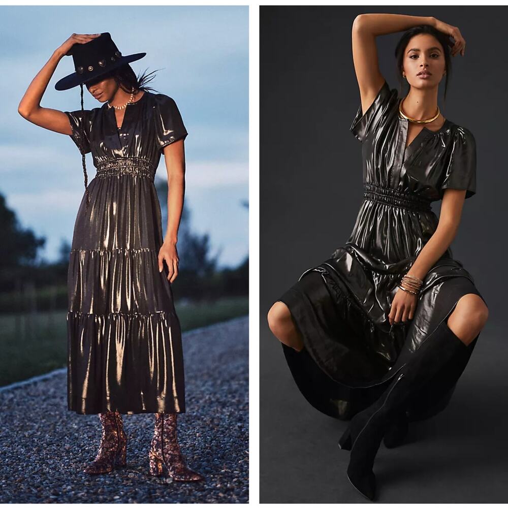 ANTHROPOLOGIE Somerset Maxi Dress Shine Liquid Metallic Gunmetal Sz XL {N52}